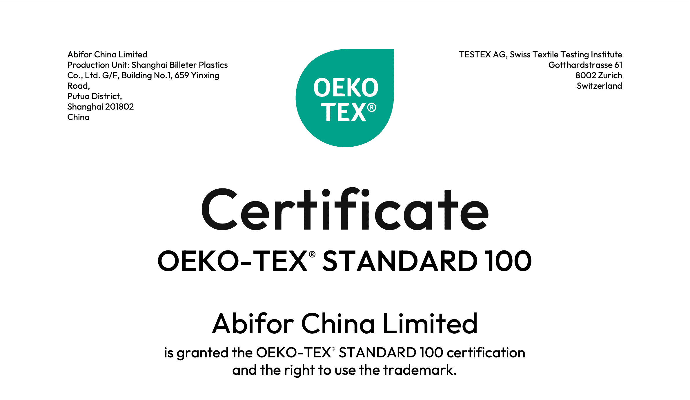 Successful Oeko-Tex Standard 100 Certification